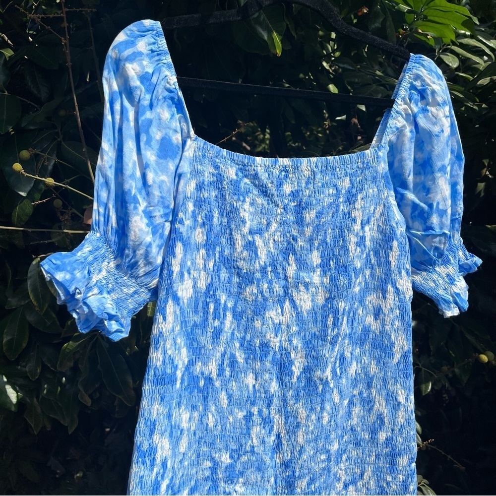 FAITHFULL THE BRAND blues watercolor abstract floral ruched puff sleeve mini - Picture 5 of 7